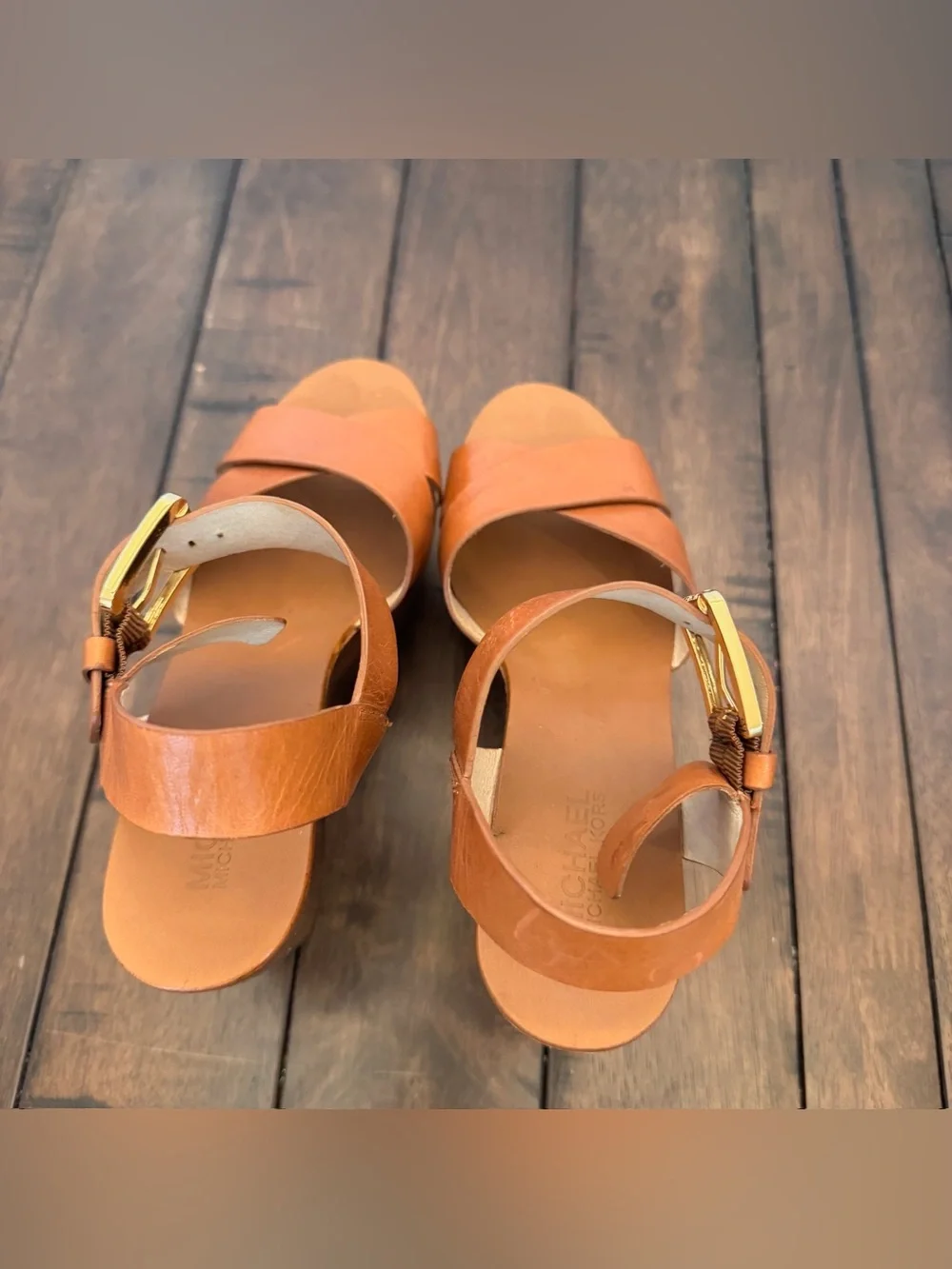 Michael Kors Peggy Platform Luggage Leather Tab Wedge Sandal Size 6.5M Boho Chic